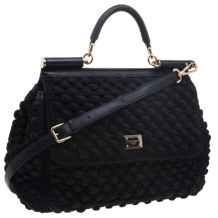 Pre Owned Dolce and Gabbana Black Crochet Miss Sicily Top Handle Bag