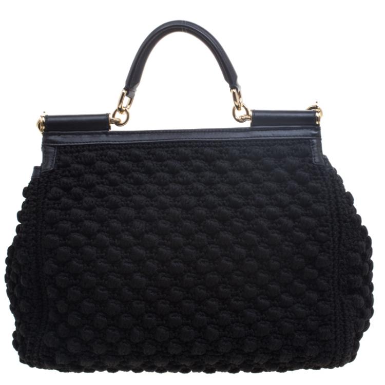 Pre Owned Dolce and Gabbana Black Crochet Miss Sicily Top Handle Bag