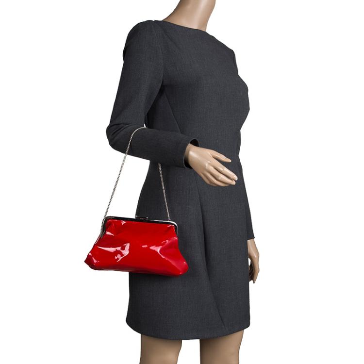 Pre Owned Dolce & Gabbana Red Patent Leather Chain Frame Clutch