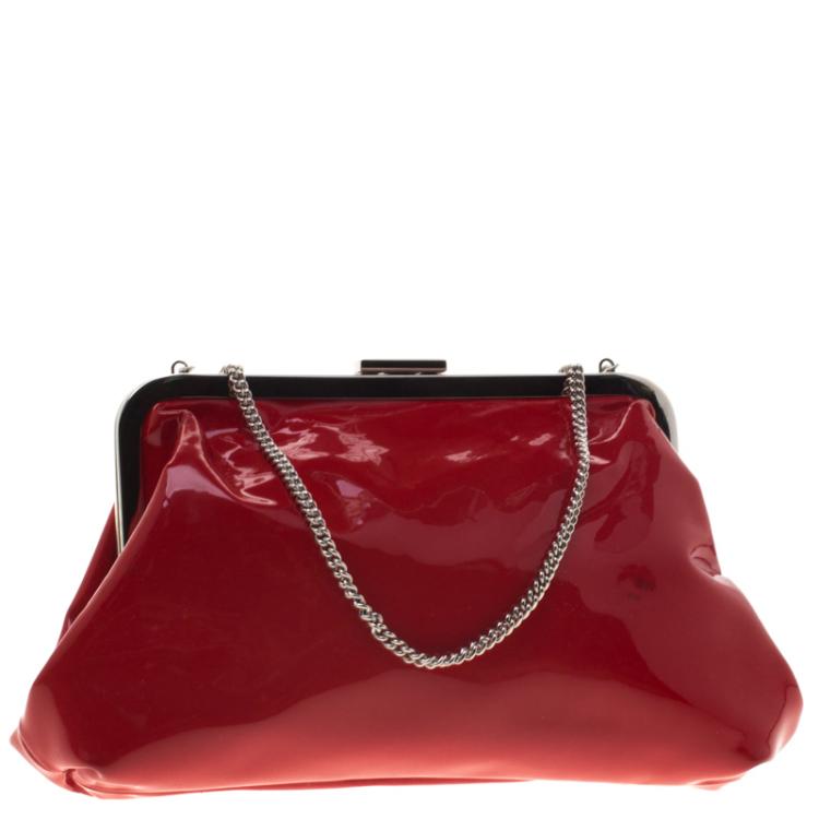 Pre Owned Dolce & Gabbana Red Patent Leather Chain Frame Clutch