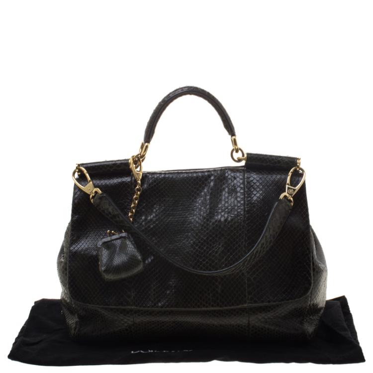 Pre Owned Dolce and Gabbana Dark Green Snakeskin Medium Miss Sicily Top Handle Bag