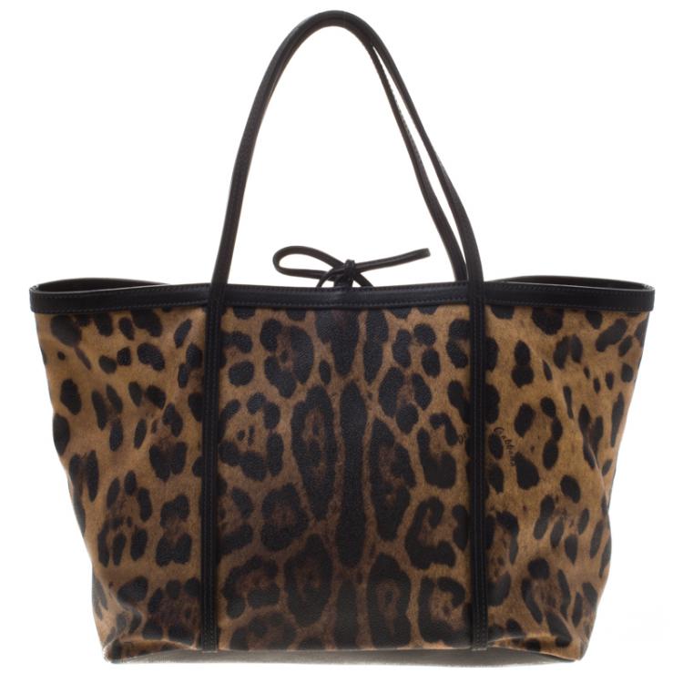 Pre Owned Dolce and Gabbana Leopard Print Coated Canvas Miss Escape Tote