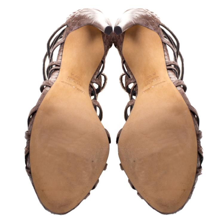 Pre Owned Dolce and Gabbana Brown Python Leather Strappy Sandals Size 37.5
