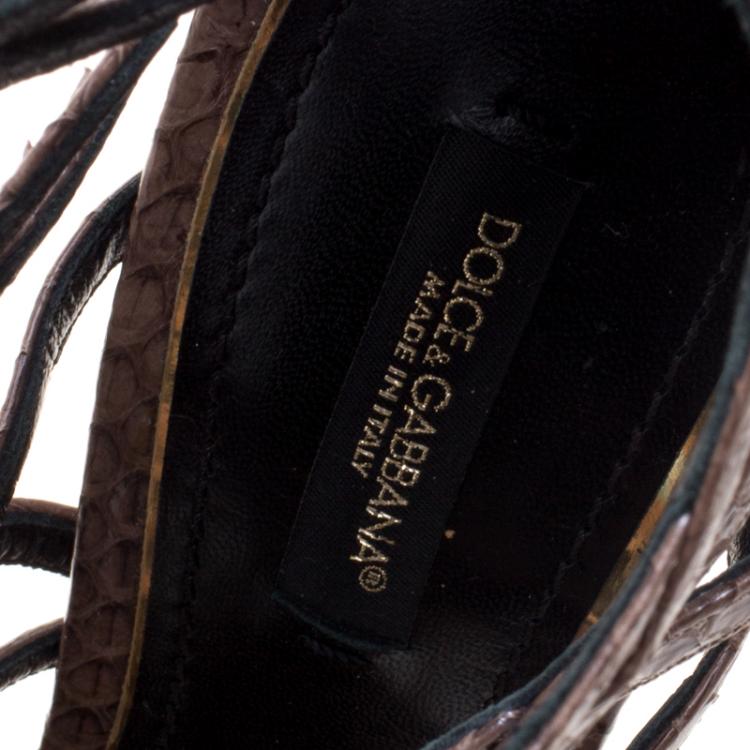 Pre Owned Dolce and Gabbana Brown Python Leather Strappy Sandals Size 37.5