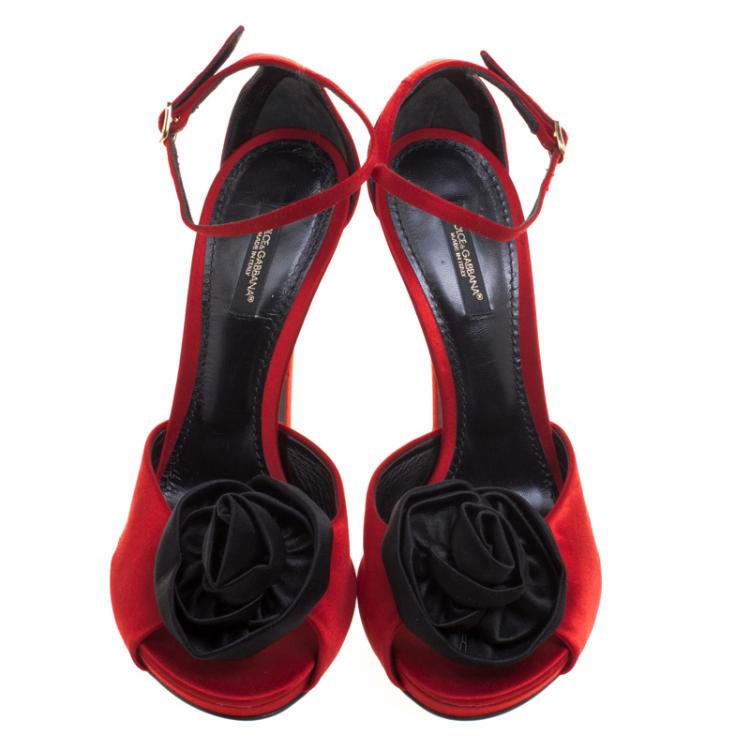 Pre Owned Dolce and Gabbana Crimson Red Satin Rose Peep Toe Ankle Strap Sandals Size 37.5