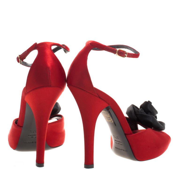 Pre Owned Dolce and Gabbana Crimson Red Satin Rose Peep Toe Ankle Strap Sandals Size 37.5