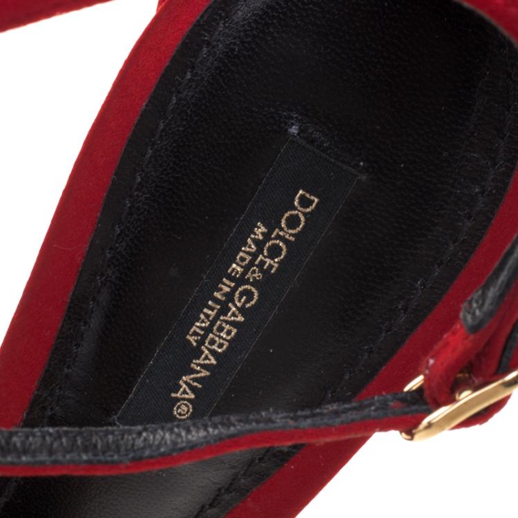 Pre Owned Dolce and Gabbana Crimson Red Satin Rose Peep Toe Ankle Strap Sandals Size 37.5