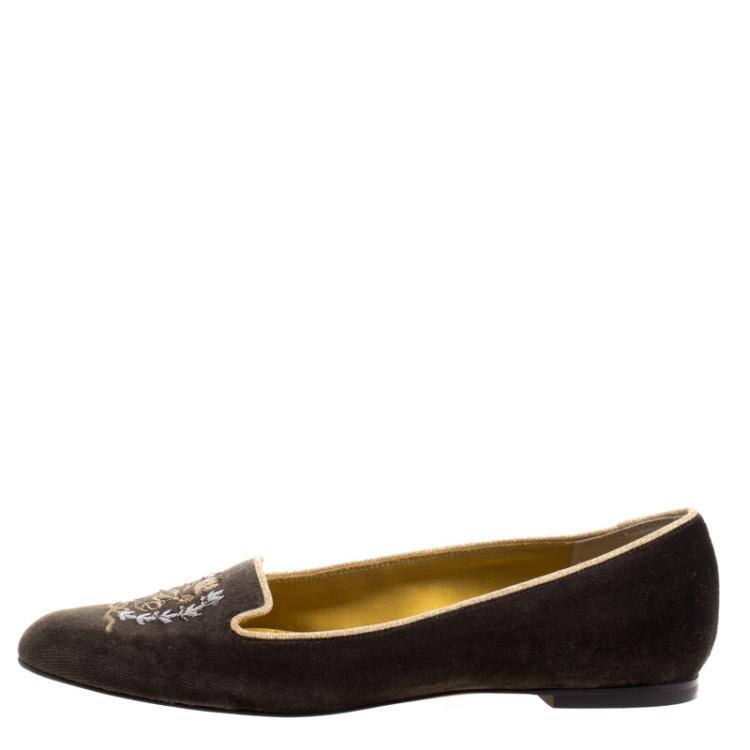 Pre Owned Dolce and Gabbana Dark Brown Embroidered Velvet Smoking Slippers Size 37