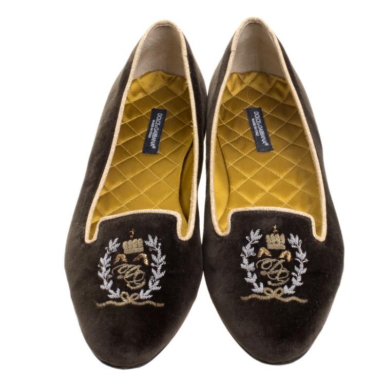 Pre Owned Dolce and Gabbana Dark Brown Embroidered Velvet Smoking Slippers Size 37