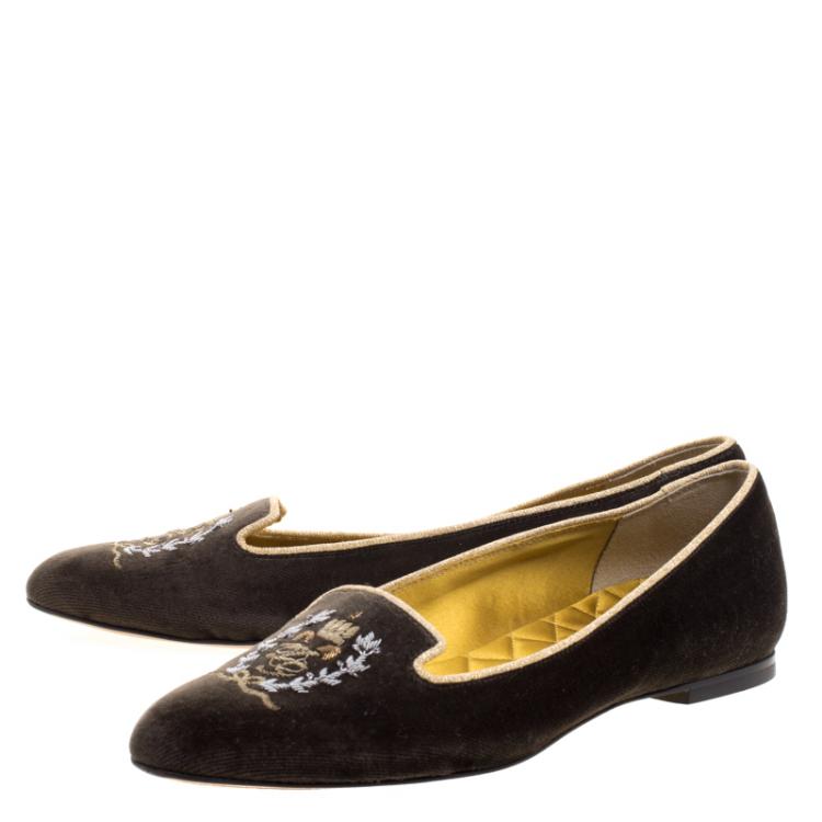 Pre Owned Dolce and Gabbana Dark Brown Embroidered Velvet Smoking Slippers Size 37