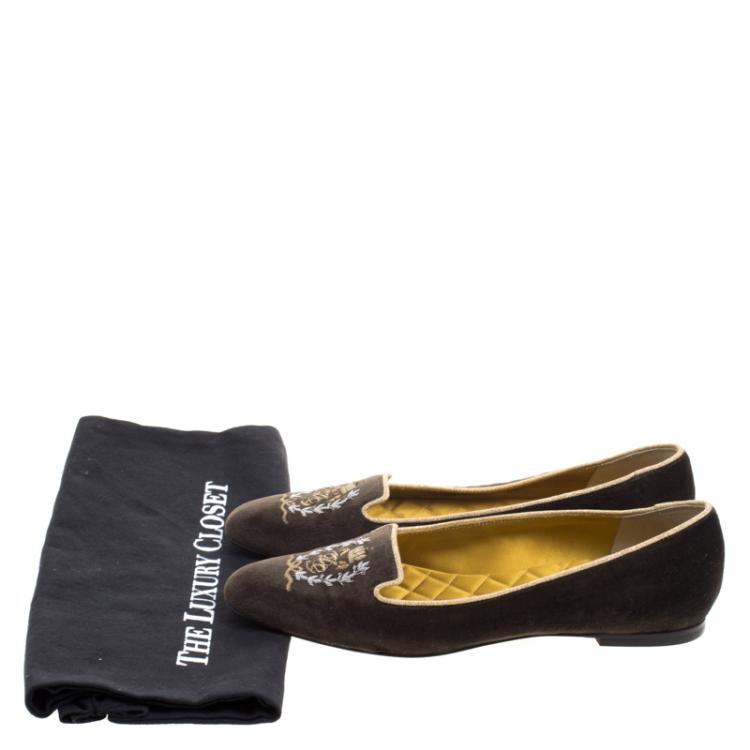 Pre Owned Dolce and Gabbana Dark Brown Embroidered Velvet Smoking Slippers Size 37