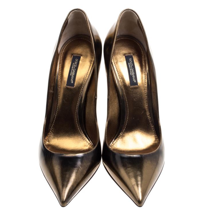 Pre Owned Dolce and Gabbana Bronze Metallic Leather Studded Heel Pointed Toe Pumps Size 39