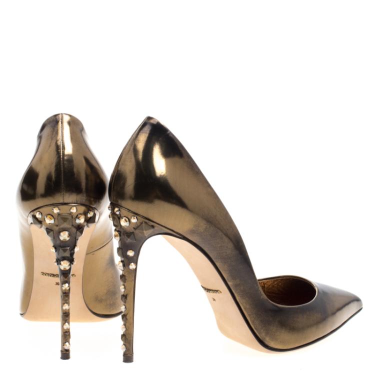 Pre Owned Dolce and Gabbana Bronze Metallic Leather Studded Heel Pointed Toe Pumps Size 39