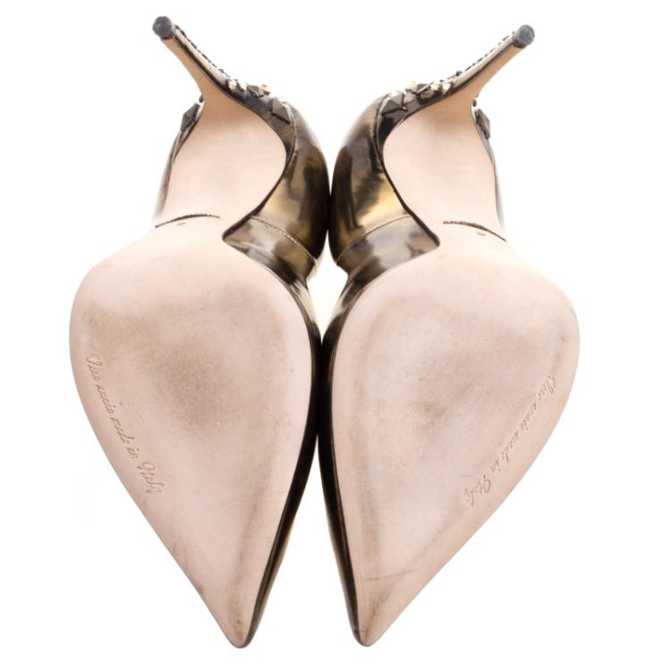 Pre Owned Dolce and Gabbana Bronze Metallic Leather Studded Heel Pointed Toe Pumps Size 39