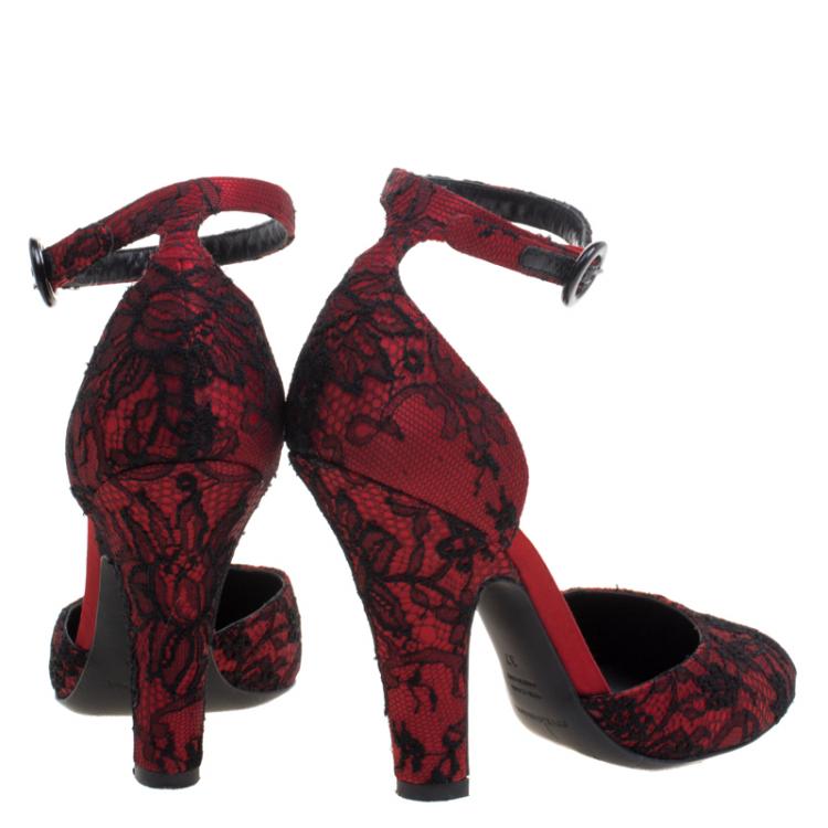 Pre Owned Dolce and Gabbana Red Satin and Lace Ankle Strap D'orsay Pumps Size 37