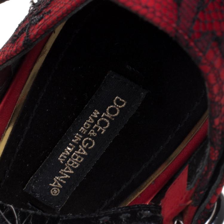 Pre Owned Dolce and Gabbana Red Satin and Lace Ankle Strap D'orsay Pumps Size 37