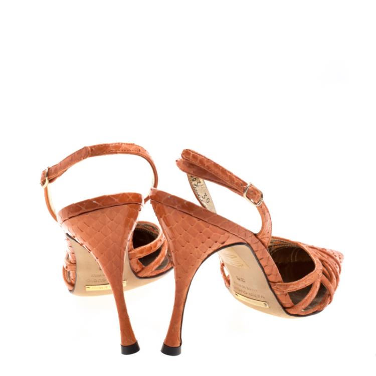 Pre Owned Dolce and Gabbana Orange Python Pointed Toe Slingback Sandals Size 38