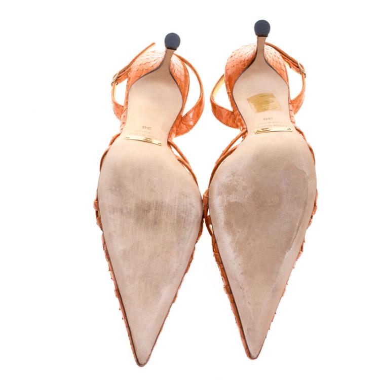 Pre Owned Dolce and Gabbana Orange Python Pointed Toe Slingback Sandals Size 38