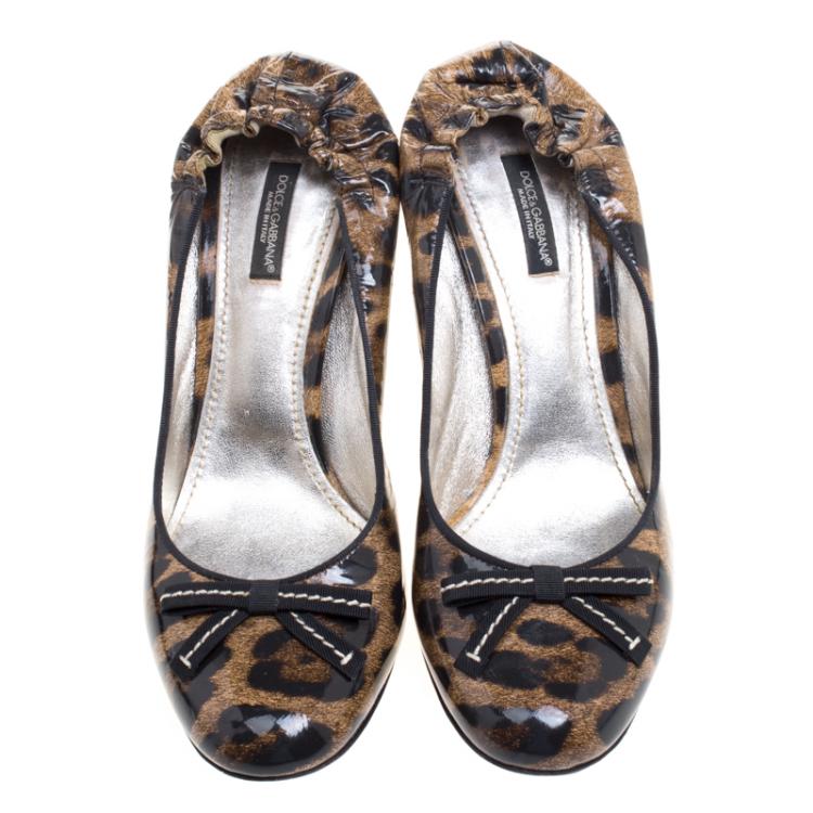 Pre Owned Dolce and Gabbana Leopard Print Patent Leather Bow Detail Scrunch Pumps Size 39.5