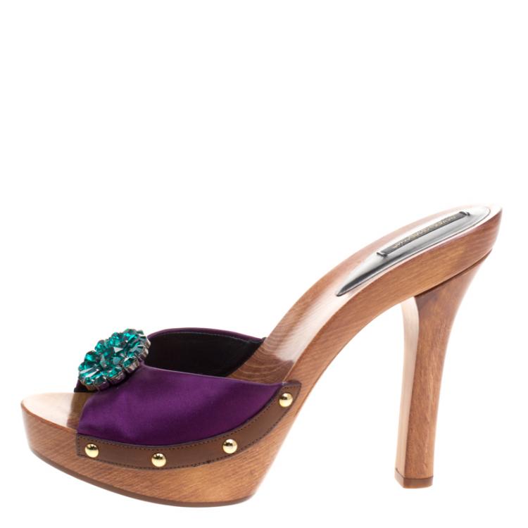 Pre Owned Dolce and Gabbana Purple Satin Crystal Embellished Brooch Wooden Slides Size 40