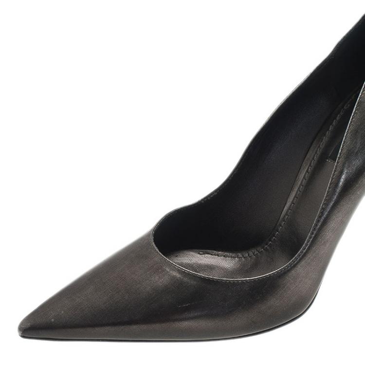Pre Owned Dolce and Gabbana Metallic Grey Leather Pointed Toe Pumps Size 37.5