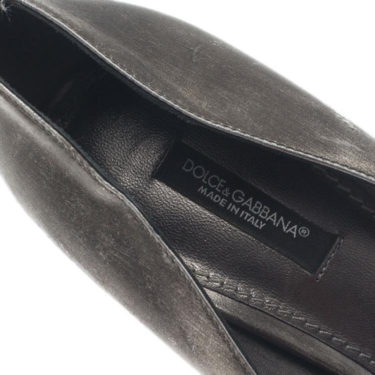 Pre Owned Dolce and Gabbana Metallic Grey Leather Pointed Toe Pumps Size 37.5