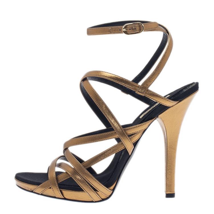 Pre Owned Dolce and Gabbana Gold Leather Strappy Platform Sandals Size 40.5