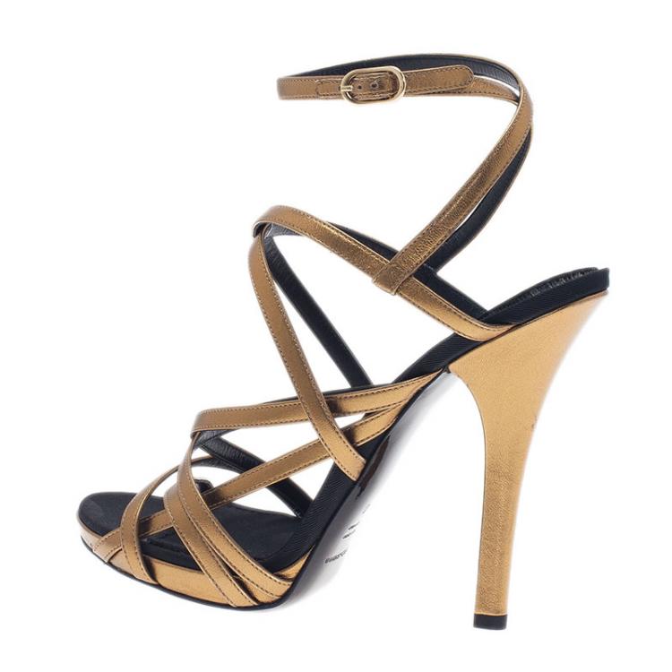 Pre Owned Dolce and Gabbana Gold Leather Strappy Platform Sandals Size 40.5