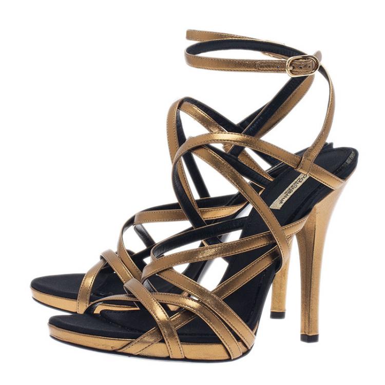 Pre Owned Dolce and Gabbana Gold Leather Strappy Platform Sandals Size 40.5