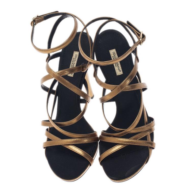 Pre Owned Dolce and Gabbana Gold Leather Strappy Platform Sandals Size 40.5