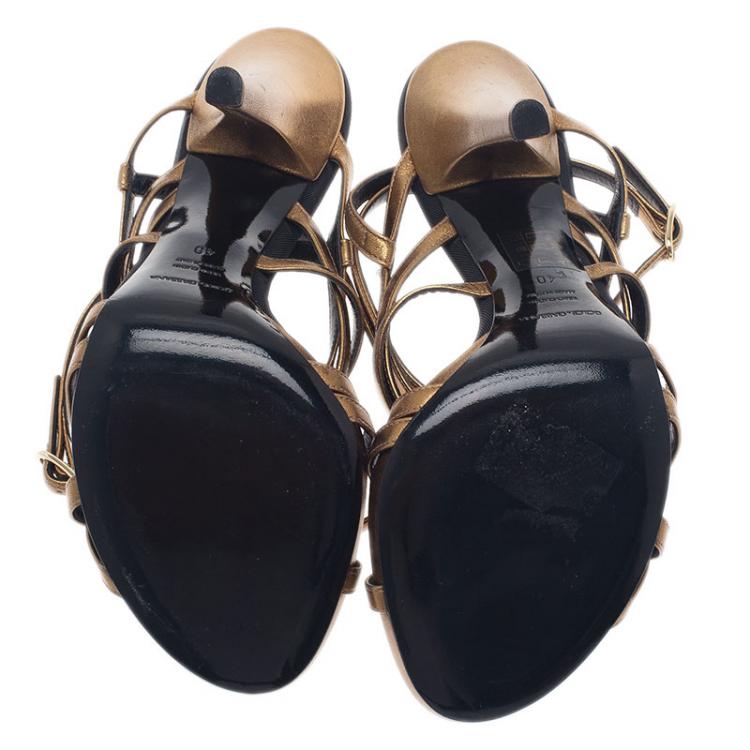 Pre Owned Dolce and Gabbana Gold Leather Strappy Platform Sandals Size 40.5