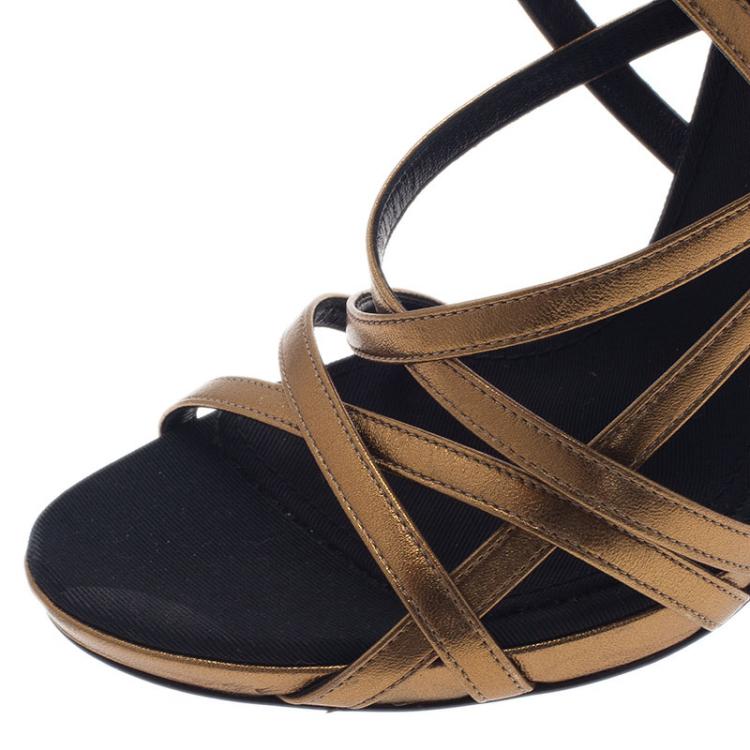 Pre Owned Dolce and Gabbana Gold Leather Strappy Platform Sandals Size 40.5