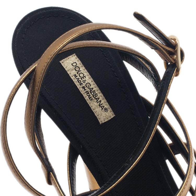 Pre Owned Dolce and Gabbana Gold Leather Strappy Platform Sandals Size 40.5