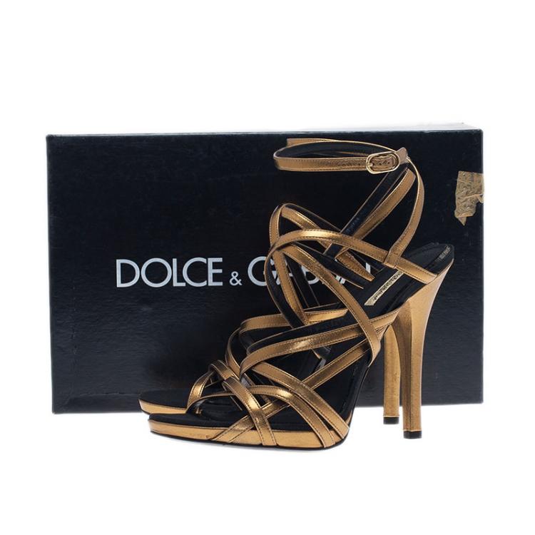 Pre Owned Dolce and Gabbana Gold Leather Strappy Platform Sandals Size 40.5
