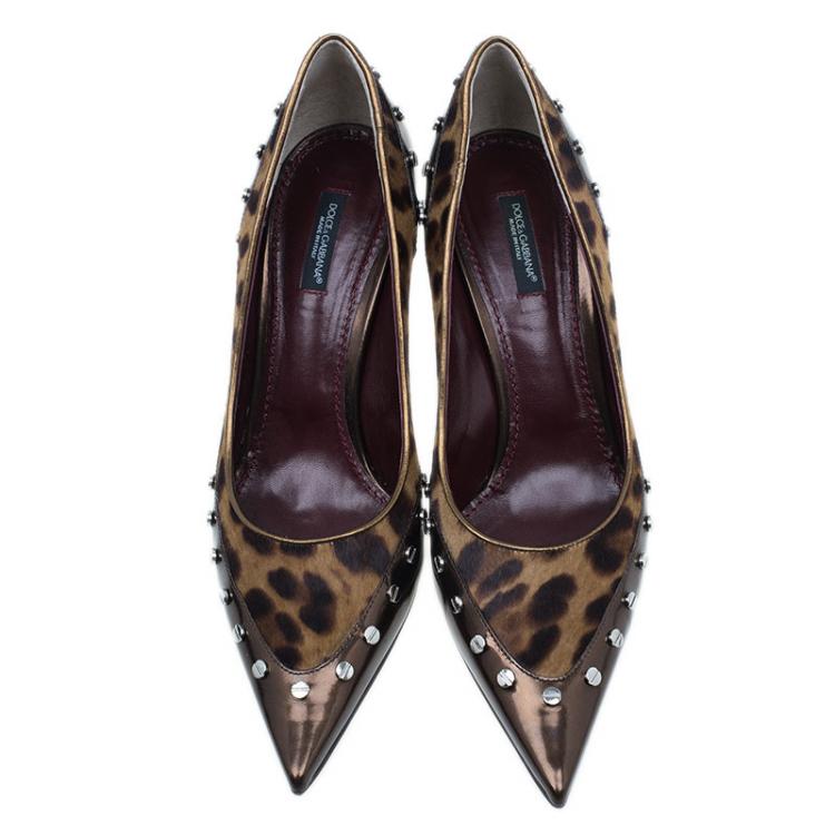Pre Owned Dolce and Gabbana Brown Pony Hair and Leather Studded Pumps Size 40.5 