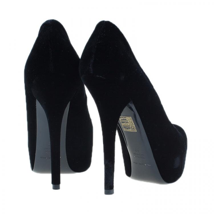 Pre Owned Dolce and Gabbana Black Velvet Platform Pumps Size 37