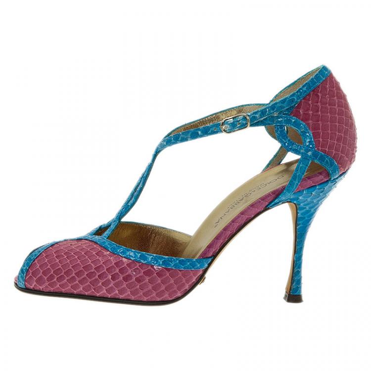 Pre Owned Dolce and Gabbana Blue and Pink Python Ankle Strap Pumps Size 35
