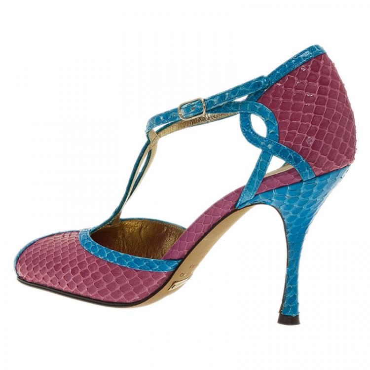 Pre Owned Dolce and Gabbana Blue and Pink Python Ankle Strap Pumps Size 35