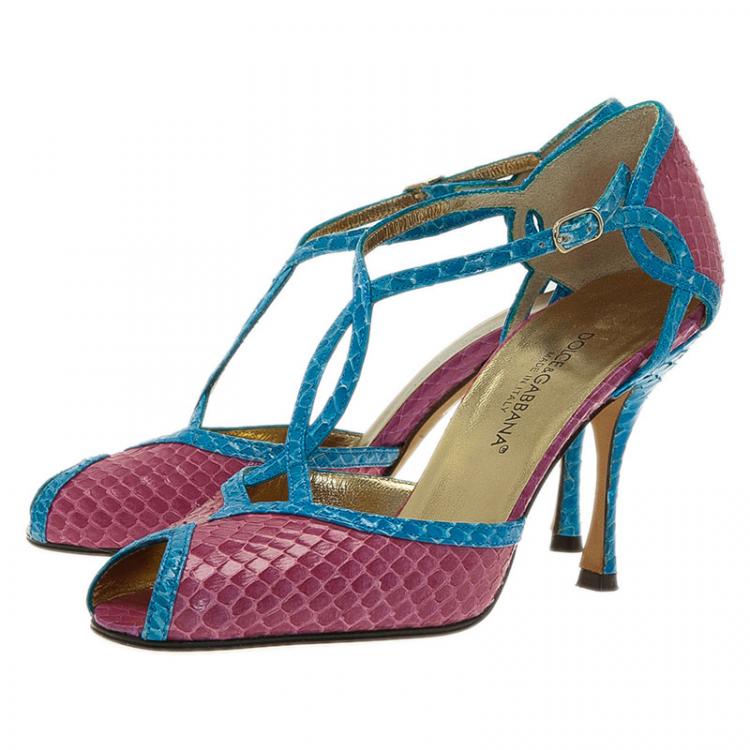Pre Owned Dolce and Gabbana Blue and Pink Python Ankle Strap Pumps Size 35