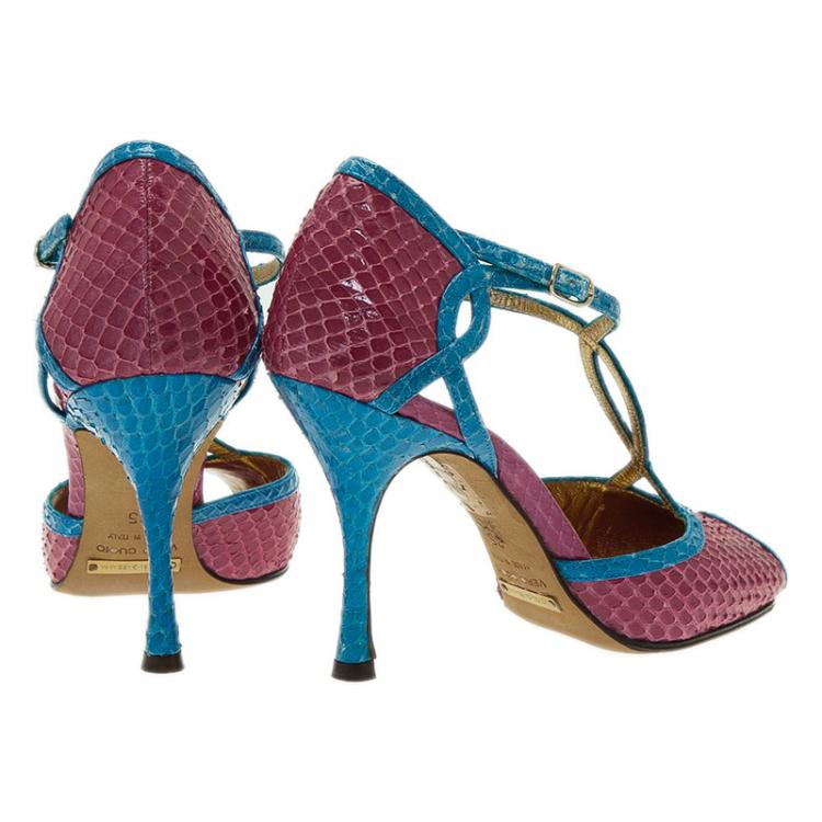 Pre Owned Dolce and Gabbana Blue and Pink Python Ankle Strap Pumps Size 35