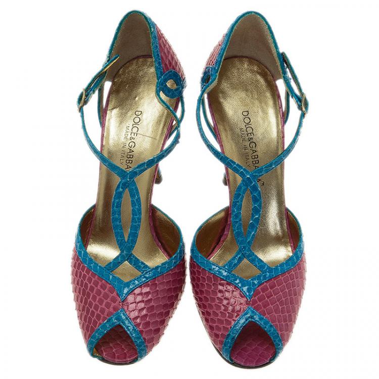 Pre Owned Dolce and Gabbana Blue and Pink Python Ankle Strap Pumps Size 35