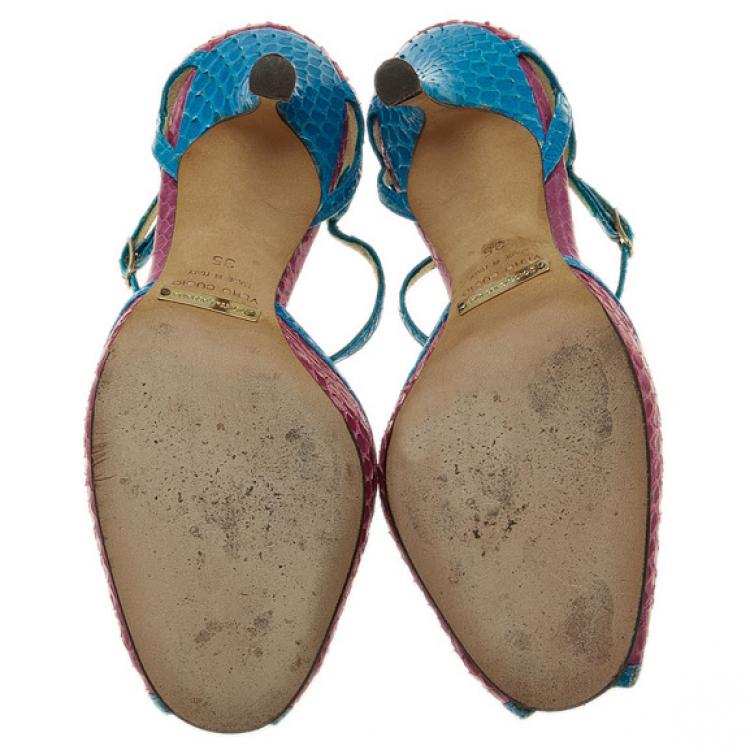 Pre Owned Dolce and Gabbana Blue and Pink Python Ankle Strap Pumps Size 35