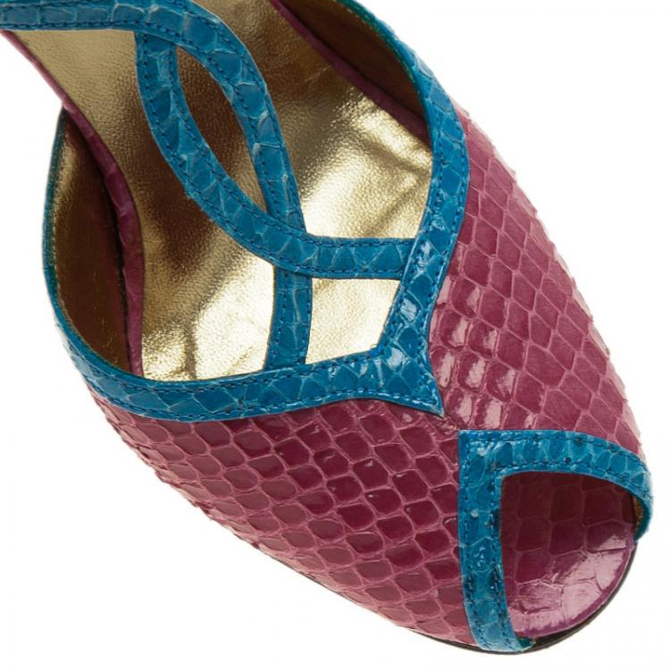 Pre Owned Dolce and Gabbana Blue and Pink Python Ankle Strap Pumps Size 35