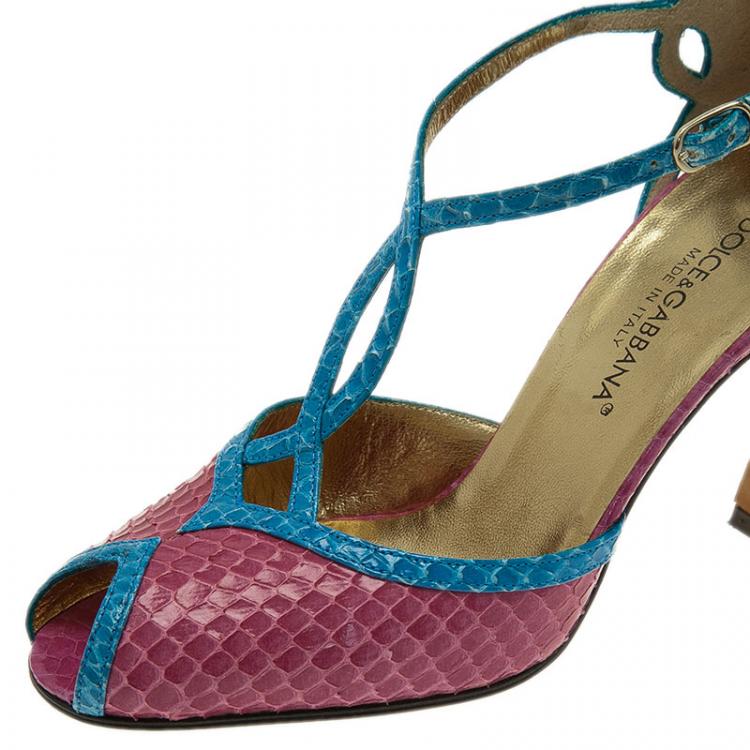 Pre Owned Dolce and Gabbana Blue and Pink Python Ankle Strap Pumps Size 35