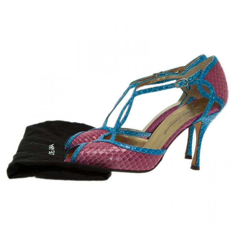 Pre Owned Dolce and Gabbana Blue and Pink Python Ankle Strap Pumps Size 35