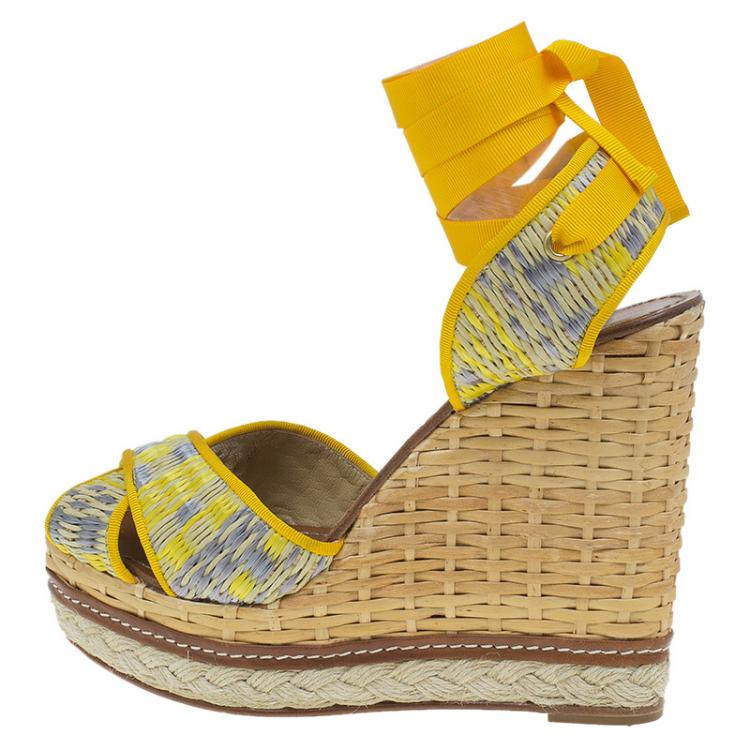 Pre Owned Dolce and Gabbana Yellow Leather and Espadrille Tie Up Platform Wedges Size 41