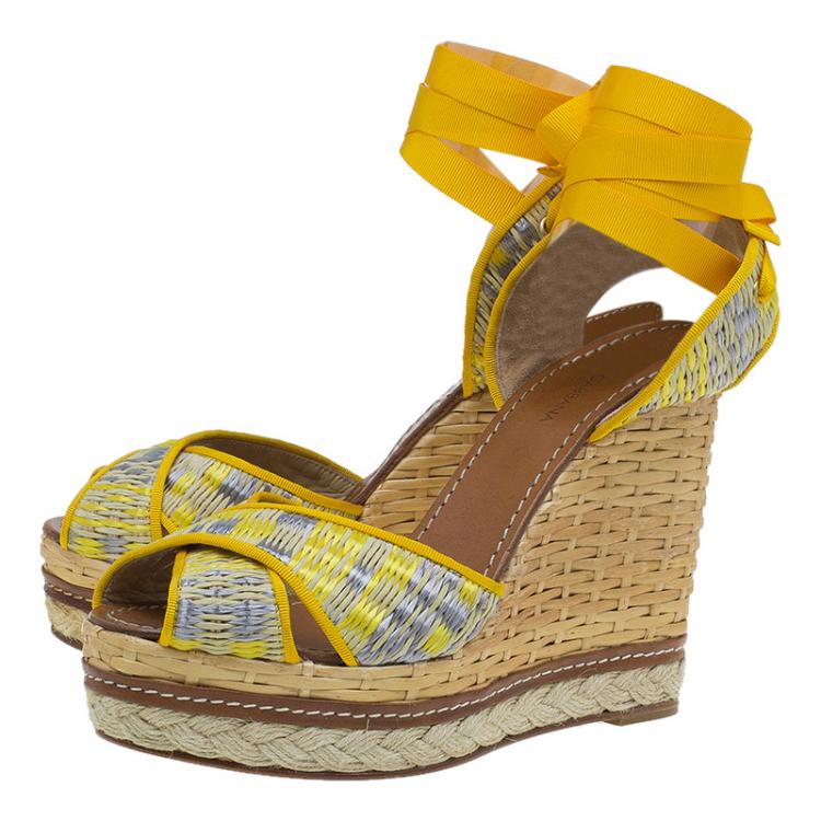 Pre Owned Dolce and Gabbana Yellow Leather and Espadrille Tie Up Platform Wedges Size 41