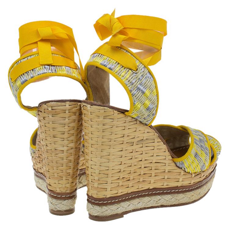 Pre Owned Dolce and Gabbana Yellow Leather and Espadrille Tie Up Platform Wedges Size 41