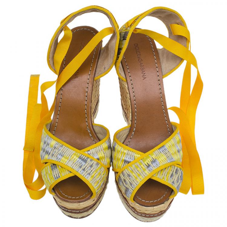 Pre Owned Dolce and Gabbana Yellow Leather and Espadrille Tie Up Platform Wedges Size 41