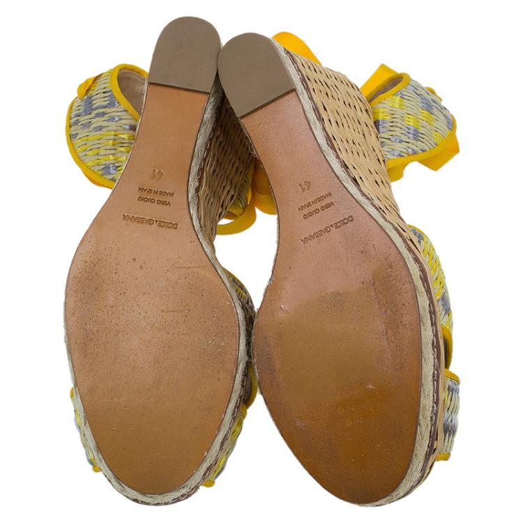 Pre Owned Dolce and Gabbana Yellow Leather and Espadrille Tie Up Platform Wedges Size 41